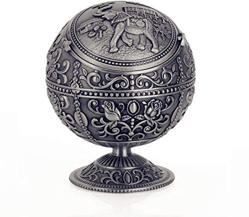 Winddichter Vintage-Aschenbecher mit Deckel für Zigaretten, Metall, handgestempeltes Muster, ausgefallenes Ornament für Männer und Frauen (Glücklicher Elefant – Zinnfarbe)