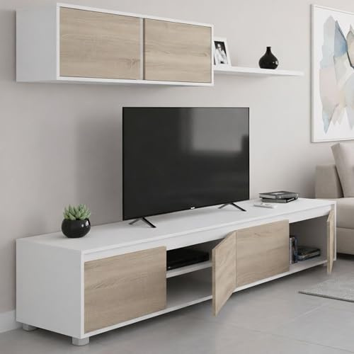 Dmora - Wandsystem Savannah, TV-Ständer, Wohnzimmermöbel, Zusammensetzung des Wohnzimmersets, Wohnzimmerset mit Schrankwand, 200 x 41 x 43 cm, Weiß und Eiche