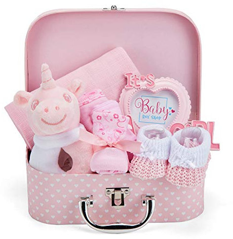 Baby Box Shop - Girl Gift Set, Newborn Essentials, Baby Shower Gifts for Girls, Keepsake Box with Pink Unicorn Rattle, Bib, Booties, Mittens, Hat, Photo Frame & Muslin Cloth - Premium Baby Hamper