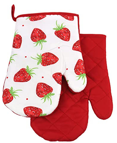 2 TLG. Set Topfhandschuhe mit Magnet Grillhandschuhe Backhandschuhe Ofenhandschuhe Kochhandschuhe Küchenhandschuhe Früchte Erdbeere- Rot Weiß Grün