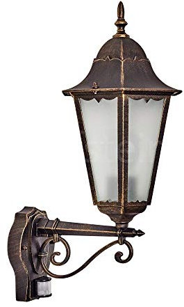 Außenwandleuchte Hongkong FROST m. Bewegungsmelder, Wandlampe aufwärts in antikem Look, Aluguß Braun/Gold, Milchglas-Scheiben, Wandleuchte für Terrasse/Hof m. E27-Fassung, Vintage, ohne Leuchtmittel
