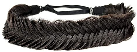 Bobiya Breites Fischschwanz-Haarband aus Kunsthaar, geflochten, klassisch, grob, elastisches Stretch-Haarteil, für Damen und Mädchen, Dunkelbraun