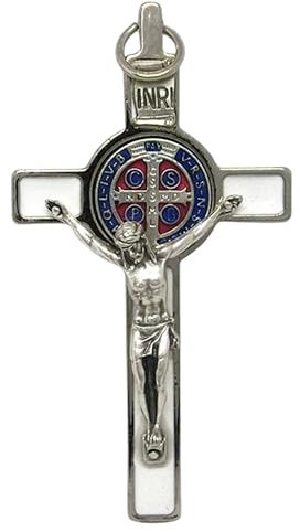 GTBITALY 10.001.11 MS St. Benedikt Kreuz Deluxe Größe 8 cm weiß Inri Medaille handemailliert Silber Exorzismus Exorzismus, Silber