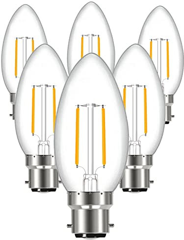 SINCELIGHT Vintage LED-Glühbirne mit B22-Sockel, Retro, B35 Klassische Kerzenform, Omnidirektionale, 3W, 250lm, Entspricht 25W, 2700K Warmweiß, 6er-Pack