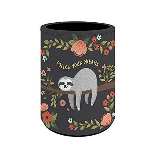 NETILGEN Follow Your Dreams Sloth Animal Pen Cup Desk PU Leather Pencil Holder Stand Cup Pot for Kids Desk Organizer Makeup Brush Holder