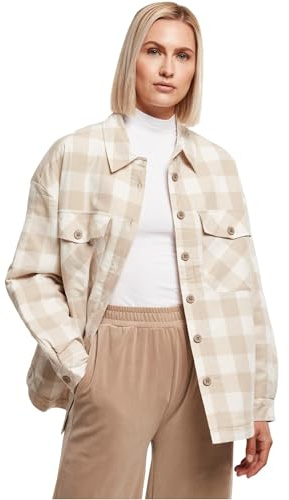 Urban Classics Women's Ladies Flanell Padded Overshirt Jacket, whitesand/lighttaupe, M