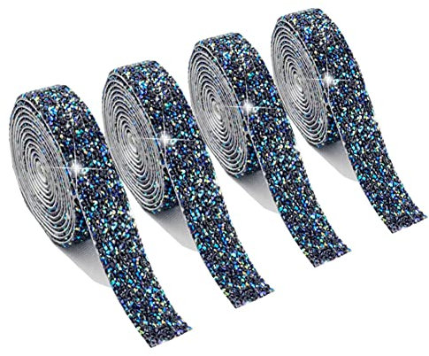 4 Rolls Resin Rhinestone Ribbons Self-Adhesive Crystal Ribbon Roll Glitter Resin Diamond Belt Bling Sparkling Diamond Ribbon Bling Stickers Wrap Crystal Roll for DIY Arts Crafts(Black AB,10mm)
