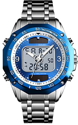 findtime Solar Uhr Herren Digital Edelstahl Analog Armbanduhr Klassik Luxus Elektronische Uhren Silber Schwarz Wasserdicht Multifunktional LED Quarz Männer Business Kleid Timer Chronograph