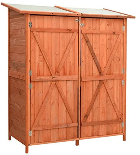 Makastle Gartenschrank Holz Gerätehaus Wetterfest Geräteschuppen Werkzeugschrank Garten Holzschuppen mit Satteldach, Gartenschuppen Geräteschrank 135,5 x 75 x 160 cm, Braun