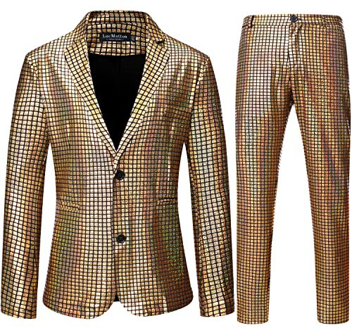 LucMatton Herren 2-teiliges Disco-Set, glänzende Jacke und Hose, metallische Pailletten, gold, XL