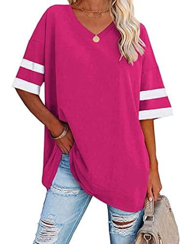 Famulily Women's Summer Half Sleeve T Shirt Ladies Basic Tunic Tops V Neck Tshirts Hot Pink XL