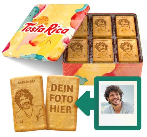 60 Personalisierte Kekse mit Foto, Spruch und Widmung - Beinhaltet eine Schachtel mit kreativem Design - Ideal als personalisiertes und originelles Geschenk - Geburtstagsbox - My TostaRica