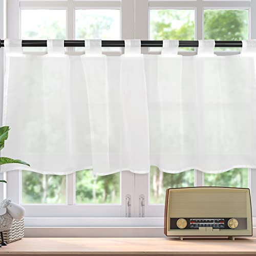 TW1TGOFT Scheibengardine, Weiß Voile Bistrogardine mit Schlaufen Transparente Kurzstore Kurzvorhang Küchen Vorhang Kurzgardine Gardine Stores HxB 45x120cm