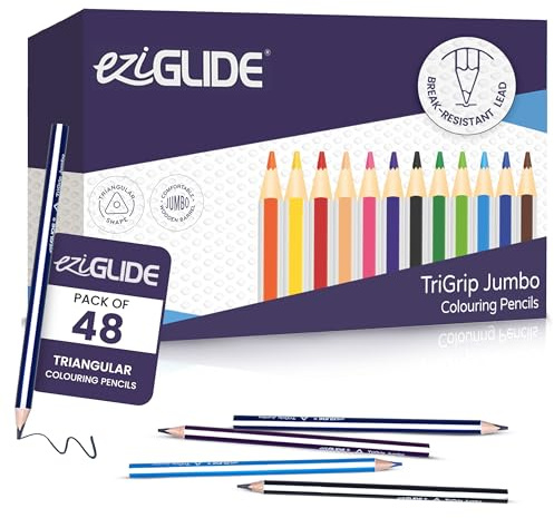 Eziglide Jumbo TriGrip Colouring Pencils, Tub of 48 Triangular Pencils | 12 Assorted High-Pigment Colours with Break-Resistant Super Bonded Lead, Improves Children's Grip, Comfort & Control