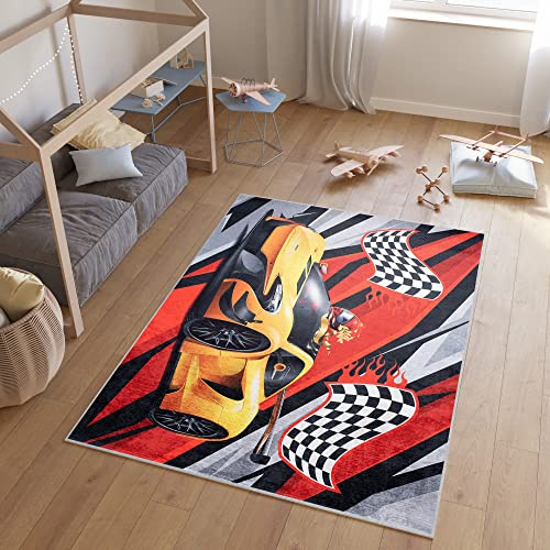 TAPISO Emma Kinderteppich Rot Gelb Rennauto Antirutsch 120 x 170 cm | Waschbar bei 30 Grad bedruckter Kinderteppich Kinderzimmer Jugendzimmer Modern OEKO-TEX