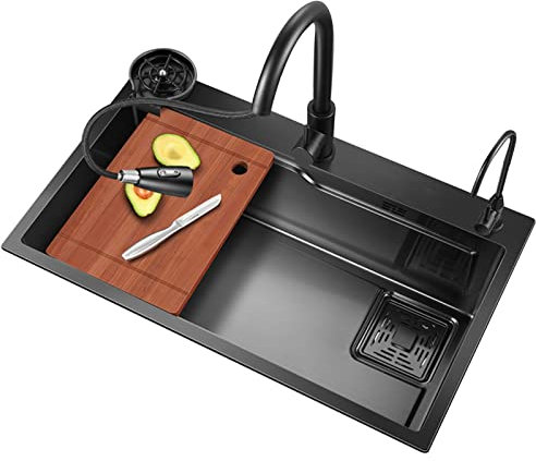 KSYGINXD Évier de cuisine de 80 cm x 45 cm, en acier inoxydable 304 nano-revêtement noir/gris, évier à barre simple de 80 x 45 cm, avec robinet extractible, planche à découper, panier de lavabo, tuyau