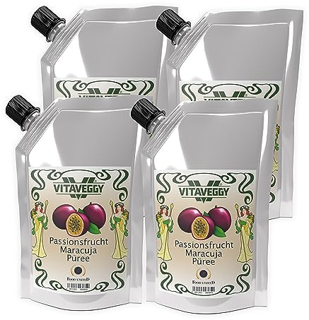VITAVEGGY Frucht-Püree MARACUJA-PASSIONSFRUCHT 4x 1kg von Food-United passion-fruit-puree für Maracuja-Saft-Smoothie Passionsfrucht-Sorbet-Schorle-Cocktail ohne Aroma- Farb- & Konservierungsmittel (4)