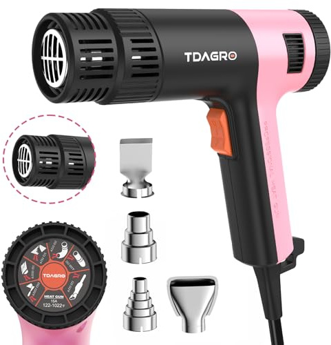 TDAGRO 1800W Craft Heat Gun (122℉-1202℉) with 4 Nozzles (Pink) | 1.5s fast heating tool with 2 airflow settings & overload protection for precise resin DIY, PVC shrink tubing & vinyl wrap.
