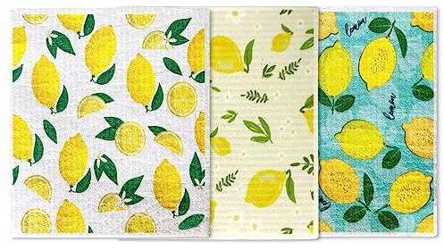 WOOXDYUK 3 paños de limpieza mágicos gruesos, paños de microfibra, paños de limpieza de pulpa de madera, reutilizables, para desengrasar, baño, cocina, coche (patrón de limón)
