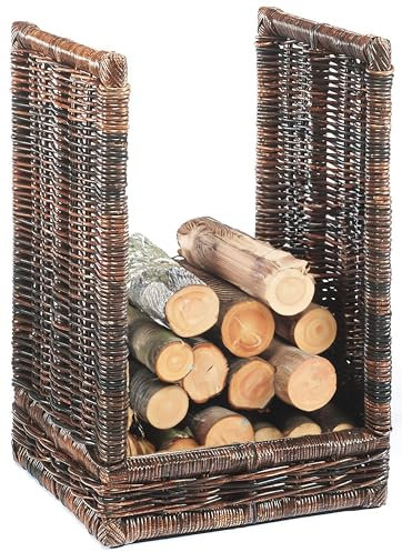 Kobolo Kaminholzablage Kaminholzregal - krabu Rattan - mit Leinenstoff - 48x44x74cm