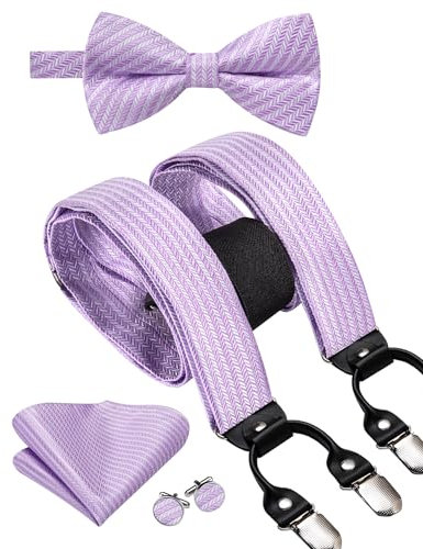Hi-Tie Straps-Fliege für Herren, verstellbar, Y-Form, 6 Clips, Hosenträger, vorgebundene Fliege mit Taschentuch-Manschettenknöpfen, Lavendel, M