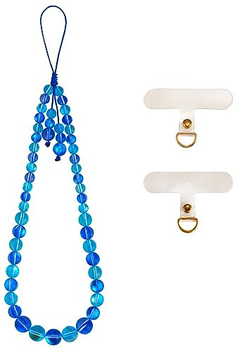 BEEFLYING Bracelet de Poignet en Perles de Pierre pour Téléphone Portable,Lanière de téléphone avec Perles et Patch en Forme de T,Longs Pendentifs de Téléphone Suspendus en Perles (Cyan foncé)