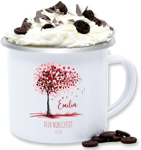 Emaille Tasse Blechtasse - Lebensbaum Geschenk Geburt I Geschenk Taufe I Taufgeschenk Kommunion I Geburtsdatum Konfirmation - 300 ml - Weiß Silber - personalisierte zur taufgeschenke emilia tassen