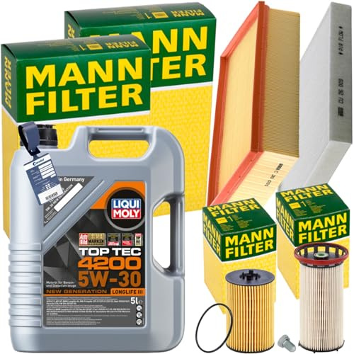 Mann Inspektionspaket+5L Liqui Moly 5W-30 Öl | CU26009+C30005+HU7020Z+PU8028+588.670.001+MN1801 passend für A3 8V Golf 7 Tdi