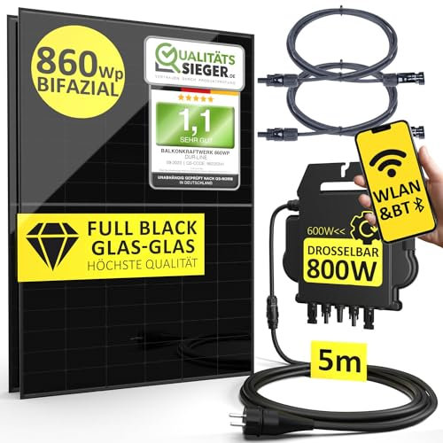DUR-line Balkonkraftwerk 880Wp | 600W Komplettset mit bis zu 1144Wp bifazialer PV-Leistung und 5m Anschlusskabel zum Einstecken in die Steckdose - Wifi Fernüberwachung, Mini-Solaranlage, N-TOPCon