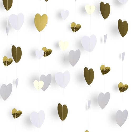52 Ft White and Gold Love Heart Garland Hanging Streamers | Party Hanging Decorations for Wedding Engagement Birthday Bridal Shower Anniversary Valentine's Day Decorations