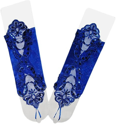 Whakano Damen Fingerlose Handschuhe, Elegante Spitzen Satin Handschuhe mit Pailletten, Brauthandschuhe, Opernhandschuhe, Königsblau