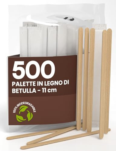 500 Palette Lunghe per Caffè e Cappuccino Monouso in Legno di Betulla da 11cm, Biodegradabili, Compostabili, Imbustate Singolarmente e Resistenti al Calore per Mescolare Caffè e Bevande