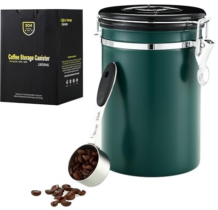 Tallgoo kaffeedose luftdicht,Kaffeebohnen Behälter aus Edelstahl 1,8L,kaffeebohnen aufbewahrung mit Datumsanzeige und Portionierer,Vorratsdose für Tee Nüsse Kakao Länger und Frisch Bleiben