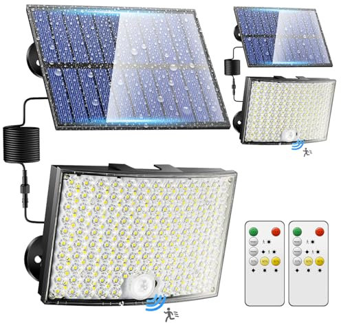Luces Solares LED Exterior Jardín【2 Paquetes】,【268LED/5Modos/7M】 Con Sensor de Movimiento, 2200mAh Focos Solares, Control Remoto IP65 Para Garaje