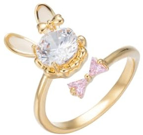 IMINI Niedlicher Kaninchen Ring für Mädchen und Frauen CZ Kristall Rosa Schleife Wickel Fingerband Tier Offener Statement Ring Versprechen Ewigkeitsringe Ehering 18 Karat Vergoldet Zierlicher Schmuck
