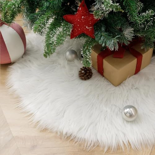 White Christmas Tree Skirt, Xmas Tree Skirt Decorations, 36Inch Faux Fur Ultra Soft Fuzzy Rug, White Christmas Decor Throw Rugs