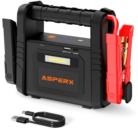AsperX Avviatore Batteria Auto 6000A, Avviatore di Emergenza per Auto/Moto (Tutti i Motori a Benzina o Diesel fino a 12L), Starter Batteria Auto 12V con Torcia LED per Auto, Camion, Moto