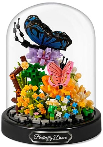 Mini Animals Flower Building Set - 530 Pcs Butterflies Bees Flowers Animals Building Blocks with Transparent Cover, Flower Bouquet Building Kit Garden Den Block Kit for Adults Kids (Blue Butterfly)