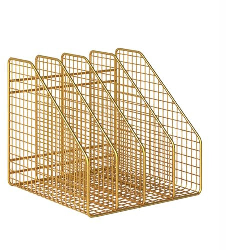 Metal Mesh Magazine File Holder Desktop Organizer 4 Sections Vertical Storage for Office and Home Use (Gold)