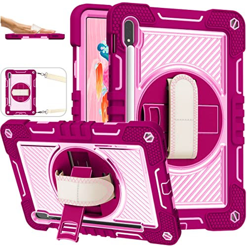 ERDARARIPRO Custodia per tablet Samsung Galaxy Tab S7/Tab S8 11 pollici, graziosa custodia antiurto con supporto girevole a 360°, cinturino da polso e portapenne, rosso rosa + rosa