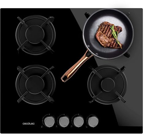Cecotec Piano cottura a gas Bolero Squad G 4200S Glass Black. 8000W, 4 fuochi, cristallo nero, griglie in ghisa, bruciatore WOK tripla corona, accensione elettrica, sistema sicurezza valvole.