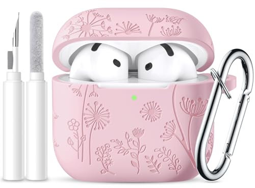 Ouwegaga Fiore Inciso Cover Compatibile con AirPods 4 Custodia 2024, Silicone Protettiva Custodia Compatibile con Apple AirPods 4 Generazione Case, LED Visibile, con Moschettone & Kit di Pulizia,Rosa