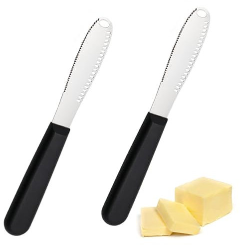 MEKEET 2PCS Spreader Black Butter Knife Old Fashioned Stainless Steel, 3 in 1 Multi Function Butter Knife with Anti Slip Handle for Cutting and Spreading Butter Cheese Jams