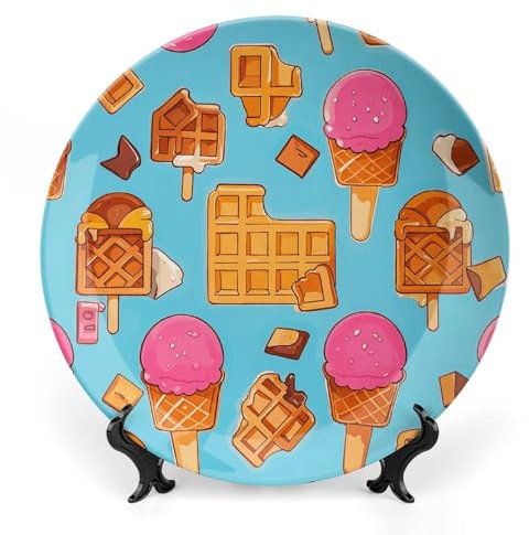 FZQVSGW Dekorative Keramikteller mit Eiscreme- und Waffelmuster, dekorativer Teller mit Präsentationsständer, Vitrine, Vitrinenteller, personalisierte Keramikteller für Heimdekoration, 17,8 cm