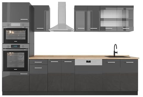 Vicco Küchenzeile R-Line, Anthrazit Hochglanz/Anthrazit, 300 cm mit Hochschrank, ohne Arbeitsplatte