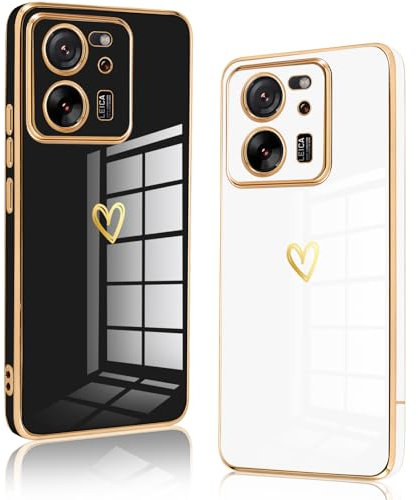 Vauki 2 Stück für Xiaomi 13T/Xiaomi 13T Pro 5G Hülle,Weich TPU Silikon Handyhülle Herz Motiv Schutzhülle Kameraschutz Stoßfest Bumper Case für Xiaomi 13T Pro 5G Jungen und Mädchen Cover,Schwarz & Weiß