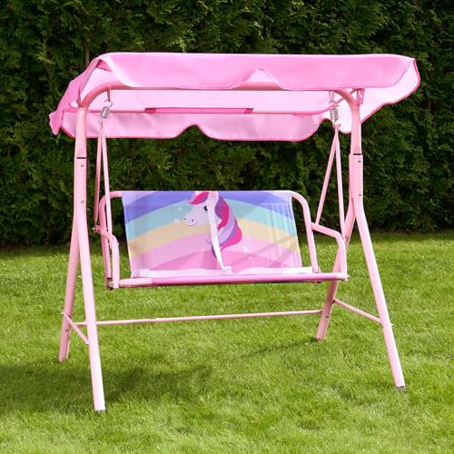 OHS Garden Swing Seat, Unicorn Print Swing Bench with Adjustable Canopy Unicorn Design Comfortable 2 Seater Outdoor Chair for Patio or Porch, Pink