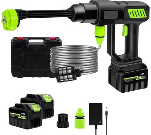 6 en 1 68Bar Hidrolimpiadora Bateria De Alta Presion, 21v 980PSI Pistola De Agua A PresióN PortáTil, 15,000mah, Pistola Agua Presion Bateria para Coche, Pistola Hidrolimpiadora Sin Cable (2 baterías)