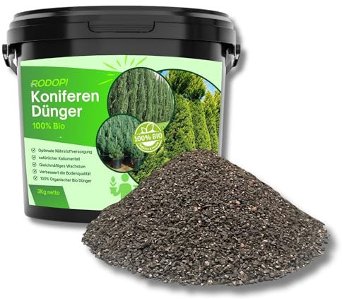Rodopi Bio-Koniferendünger Granulat – 3 Monate Langzeitwirkung – 100% pflanzlich & vegan – Organischer NPK-Dünger 7-3-8 mit Magnesium & Schwefel 3kg