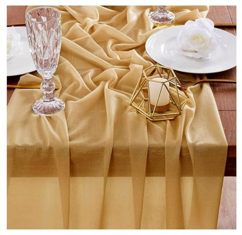 GreatRise Chiffon Tischläufer, 75×600cm Hochzeit Käsetuch Tüll Tischdecke Boho-Still Musselin Seihtuch-Tisch Läufer Rustikaler Gaze Tisch Dekostoff für Geburtstagsfeiern Küche Tischdeko Gold